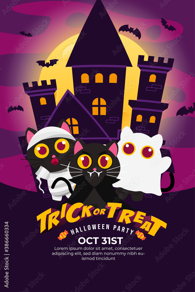 Trick Or Treat Halloween Party Poster with Cute Black Cat use Vampire, ghost and mummy Costume. castle and flying bat on a full moon at night.