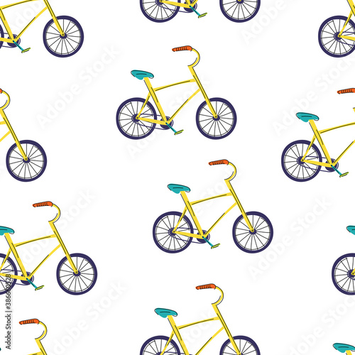 Seamless pattern with hand-drawn vector bike. Isolated clipart. Doodley. Flat.