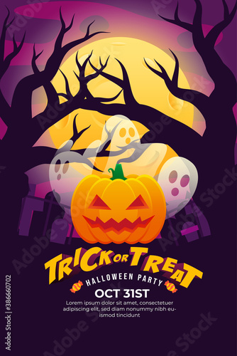 Trick Or Treat Halloween Party Poster with spooky forest  tombstone and full moon at night.can use for poster  flyer  web design  invitation  greeting card