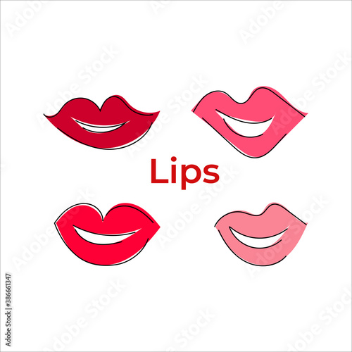Hand-drawn vector illustration of painted lips. Female mouth. Smile. Set. Flat.