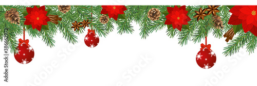 Christmas garland, frame of fir branches, poinsettia, Christmas tree decorations