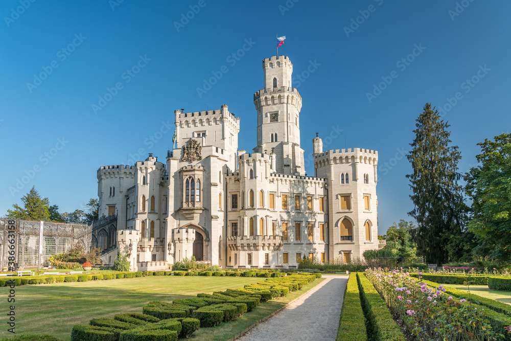 Beautiful renaissance castle Hluboka in the Czech Republic is located in south bohemia. Summer wether with blue sky and rose gardens