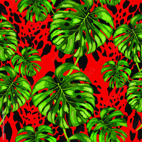 Tropical seamless pattern on animalistic texture. Jungle exotic summer print. Summer tropical leaf. Tropical flower fashion pattern. Floral tropic illustration. Vector seamless pattern.