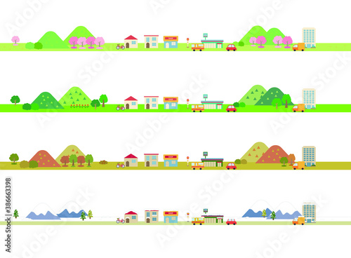 街並み・風景のラインセット（四季・春夏秋冬）,Cityscape