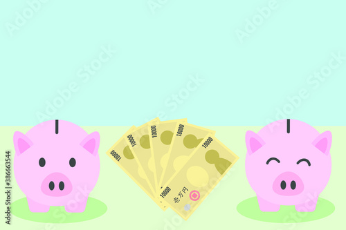 豚の貯金箱と日本円　コピースペース