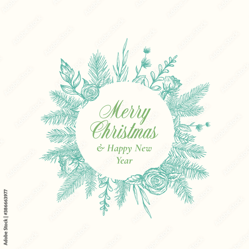 Merry Christmas Abstract Botanical Logo or Card with Circle Frame Banner and Modern Typography. Hand Drawn Spruce or Pine Branches and Flowers. Pastel Colors Greeting Layout.