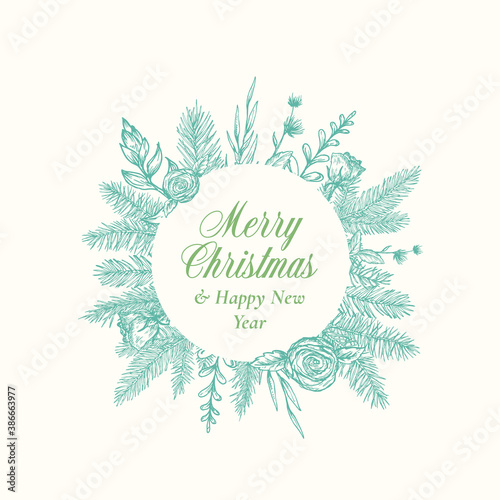 Merry Christmas Abstract Botanical Logo or Card with Circle Frame Banner and Modern Typography. Hand Drawn Spruce or Pine Branches and Flowers. Pastel Colors Greeting Layout.