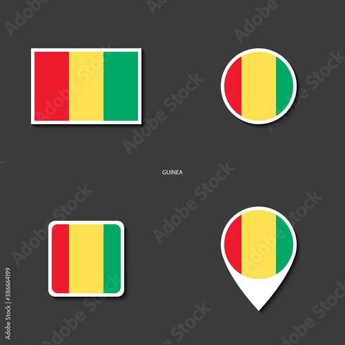 Guinea flag icon set in different shape ( rectangle, circle, square and marker icon ) on dark grey background. Guinea flag collection on barely dark grey background.
