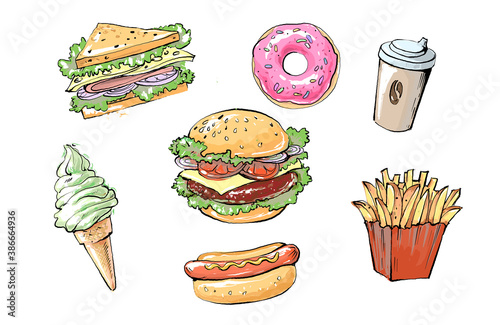 set of delicious and juicy fast food products. realistic colored sketch illustration of street food and cafes