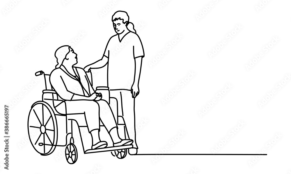 Elderly woman in a wheelchair and young nurse or doctor.