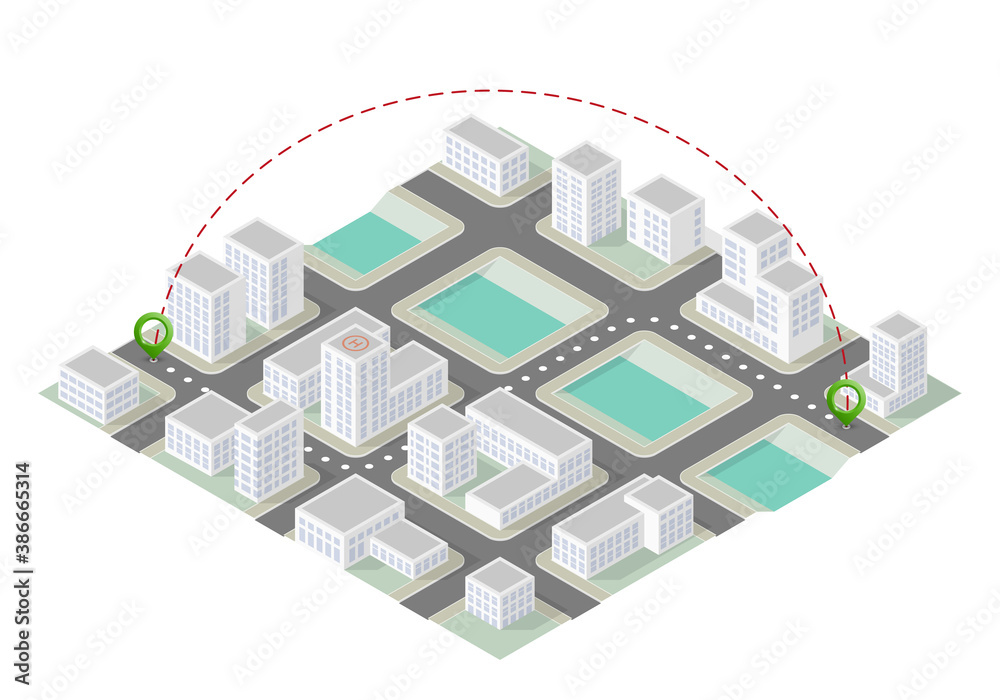 Isometric city map navigation, point markers background, isometry drawing schema, 3D simple city plan GPS navigation, final destination arrow paper city map. Route delivery check point graphic
