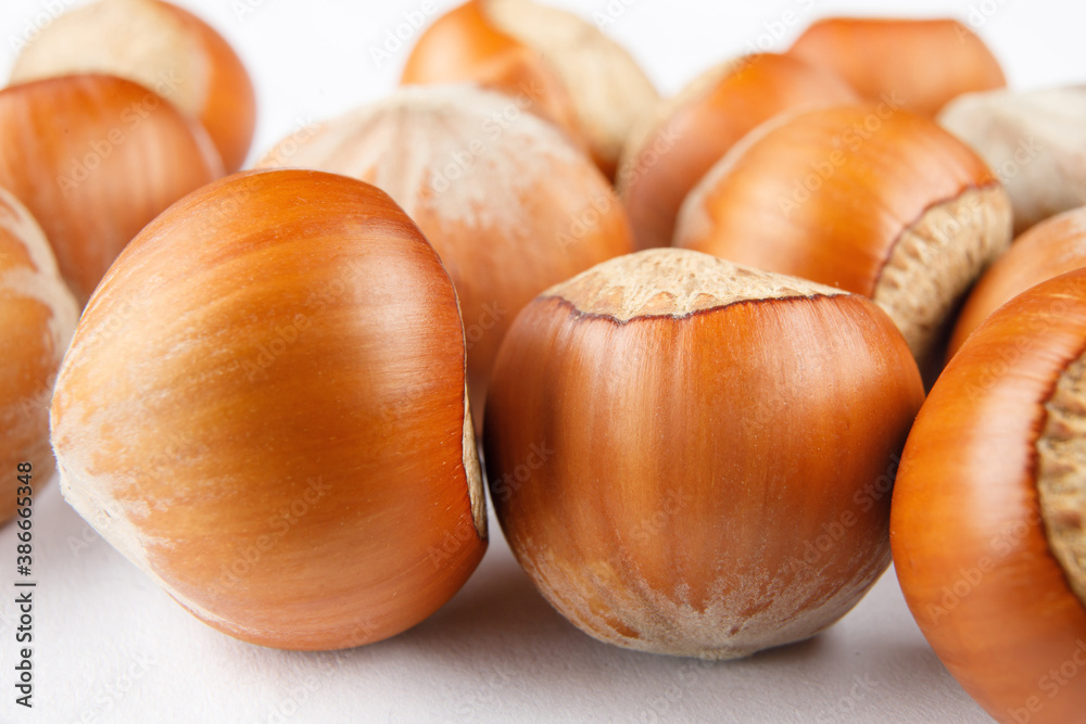 Beautiful hazelnut close-up. Hazelnut on a white background. Beautiful hazelnut close-up. Hazelnut on a white background.