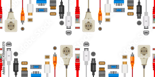 Connection cables and connectors, wiring and audio or video adapters,  vector seamless pattern.  Ethernet network port, HDMI and DVI or RCA. Electric appliance and technology devices linking