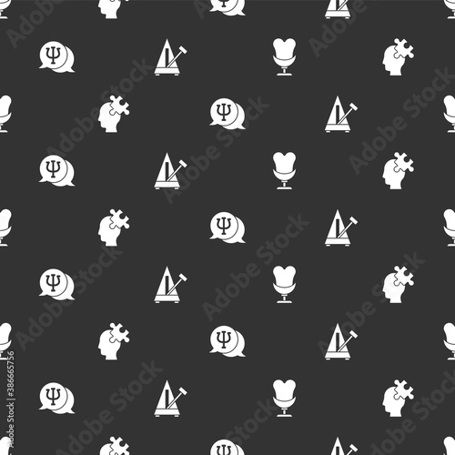 Set Armchair, Solution to the problem, Psychology, Psi and Metronome with pendulum on seamless pattern. Vector.