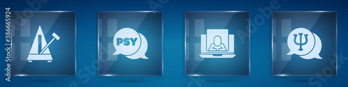 Set Metronome with pendulum, Psychology, Psi, Psychologist online and . Square glass panels. Vector.