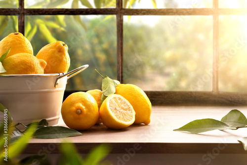 Lemons basket on kitchen with window and orchard outside photo