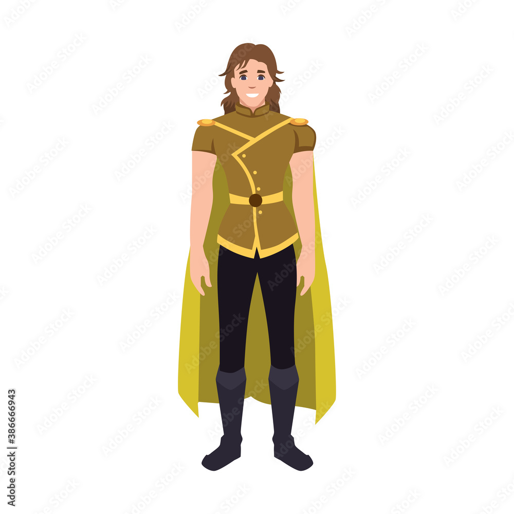 Illustration of Prince Charming standing with a green magical costume