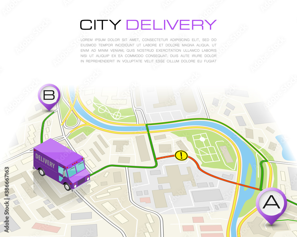 Naklejka premium Delivery navigation route, City map point marker isometric delivery van, schema itinerary delivery car, city plan GPS navigation itinerary destination arrow city map Route check point business graphic