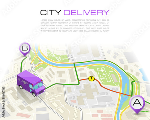Delivery navigation route, City map point marker isometric delivery van, schema itinerary delivery car, city plan GPS navigation itinerary destination arrow city map Route check point business graphic