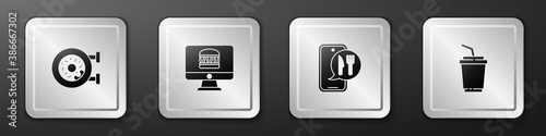 Set Donut, Online ordering and delivery, and Paper glass with water icon. Silver square button. Vector.