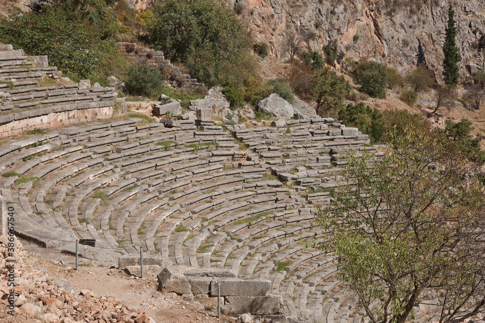 Panoramic view of Ancient Theater of Delphi, Phocis in Greece. The theater, with a total capacity of 5,000 spectators, is located at the sanctuary of Apollo. UNESCO World heritage