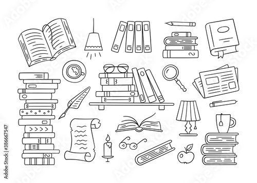 Stacks of paper books, home library, bookshelf in doodle style. Hand drawn set of object to read on white background