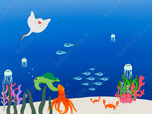 Deep sea creature of the deep ocean. Illustration of the sea. Marine habitats and the beauty of coral reefs. There are anemones, fish, octopus, Jellyfish, turtle, crabs and Stingray.