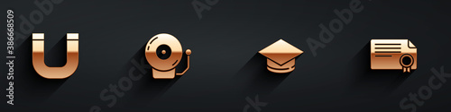Set Magnet, Ringing alarm bell, Graduation cap and Certificate template icon with long shadow. Vector.