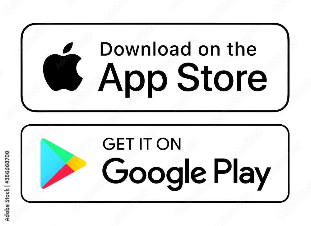 Download on the App Store and Get it on Google Play white button icons  Stock Photo