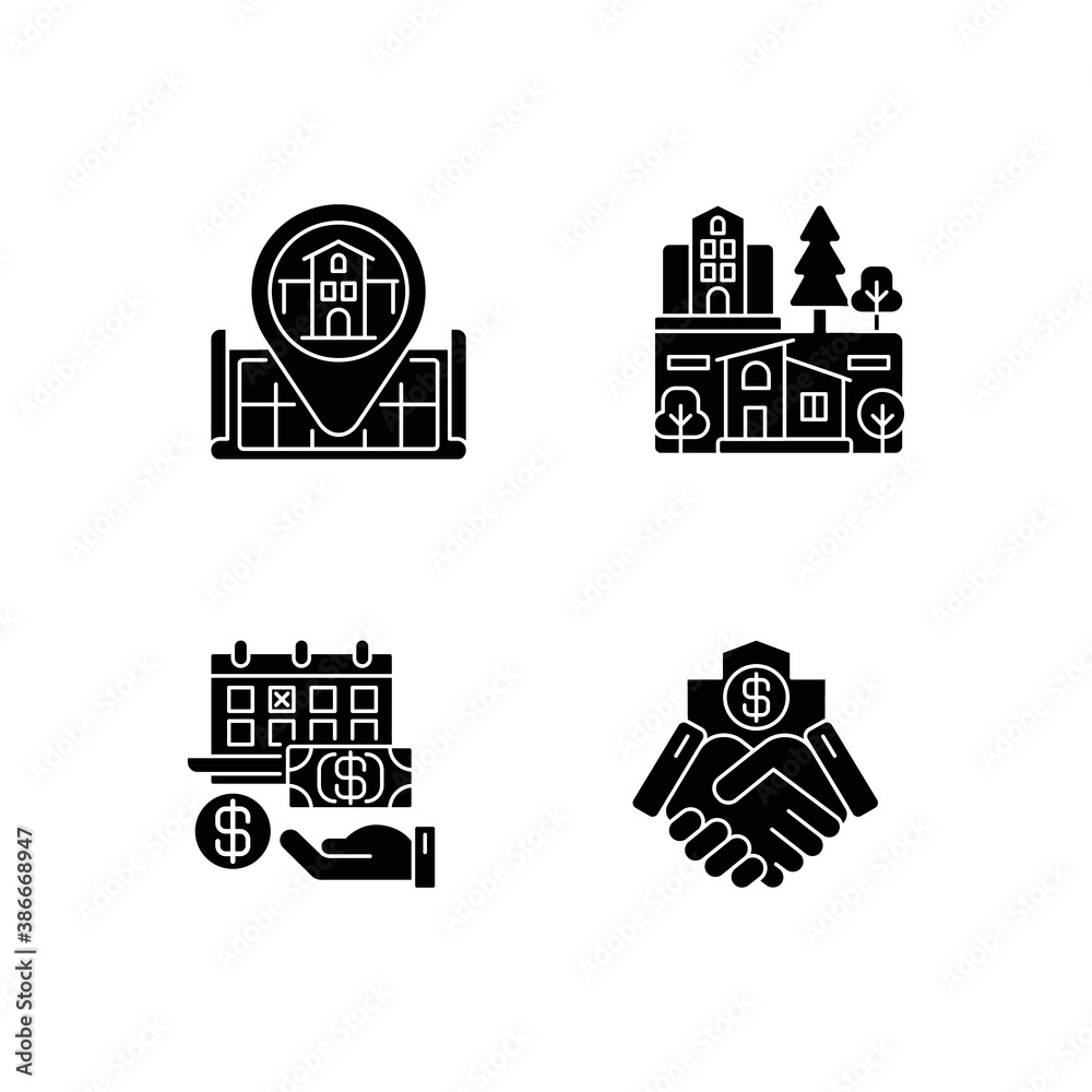 Obraz premium Commercial deal for realty black glyph icons set on white space. Real estate. House location on map. Home position. Suburb neighborhood. Silhouette symbols. Vector isolated illustration