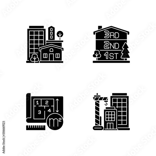 Residential houses black glyph icons set on white space. Number of stories in multistorey building. New skyscraper. Condominium for dwelling. Silhouette symbols. Vector isolated illustration