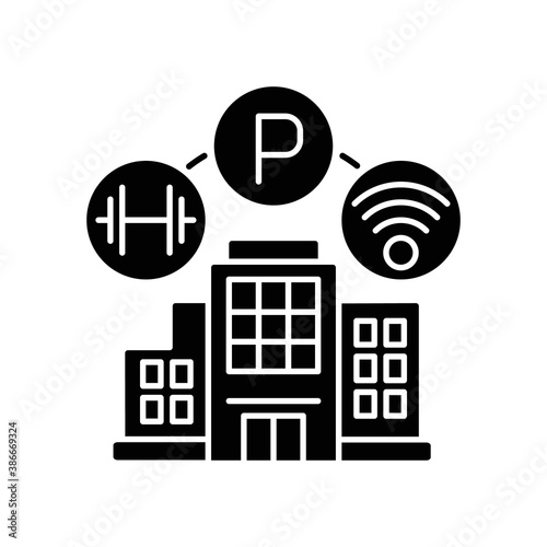 Building amenities black glyph icon. Services in hotel. Wifi spot in apartment. Residential building with parking lot and gym. Silhouette symbol on white space. Vector isolated illustration