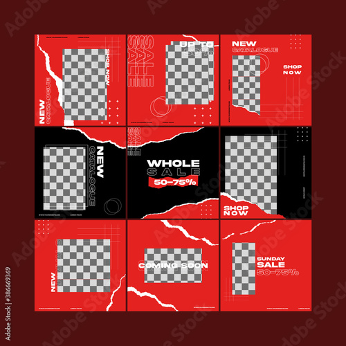 red torn paper fashion street wear social media puzzle template bundle post