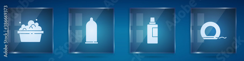 Set Basin with soap suds, Condom, Bottle for cleaning agent and Dental floss. Square glass panels. Vector.