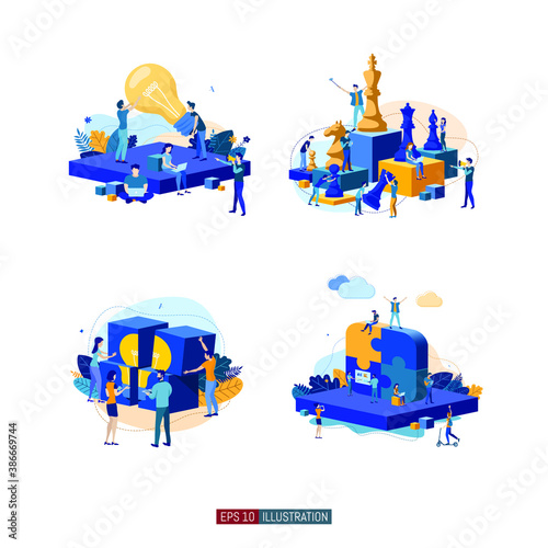 Trendy flat illustration set. Teamwork metaphor concept. Office workers planing business mechanism, analyze business strategy and exchange ideas. Template for your design works. Vector graphics.
