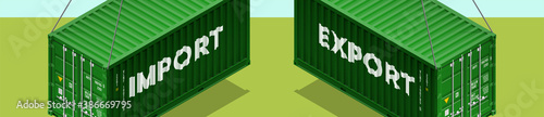 3D Isometric two 20 foot container delivery with EXPORT and IMPORT text. Large metal 20 ft containers for transportation shipping cargo. illustration