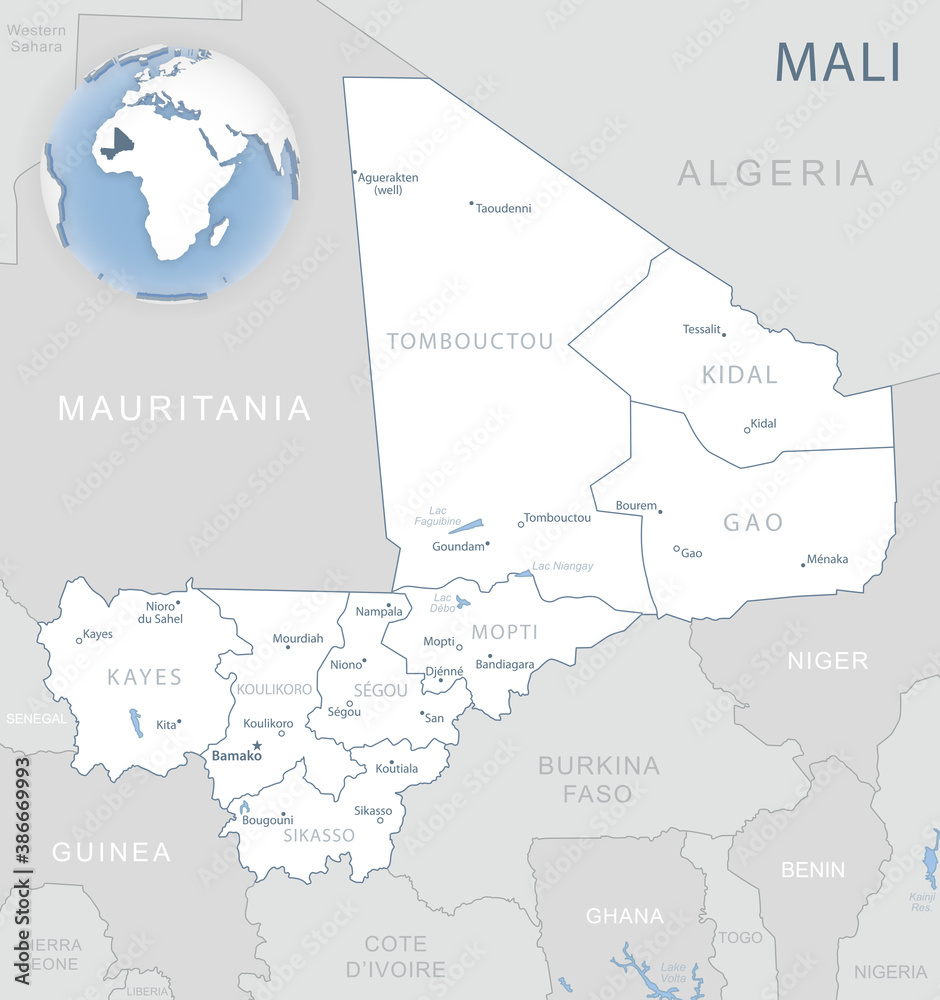 Blue-gray detailed map of Mali administrative divisions and location on the globe.