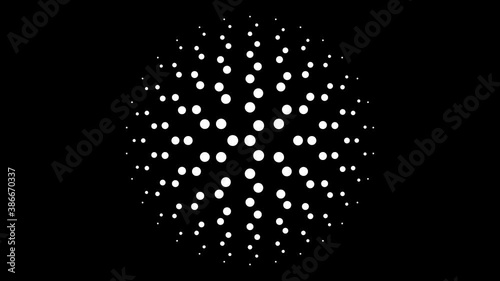 Circular monochrome seamless dot pattern 4K animation with three fold rotational symmetry, circles orbit in a synchronised mathematical geometric structure
