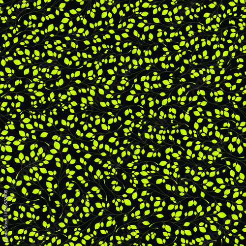 Branches with green leaves on a black background. Seamless Vector illustration. Stylish background with graphic leaves. Use for wallpaper, web design, surface textures, textile prints, wrapping, etc.