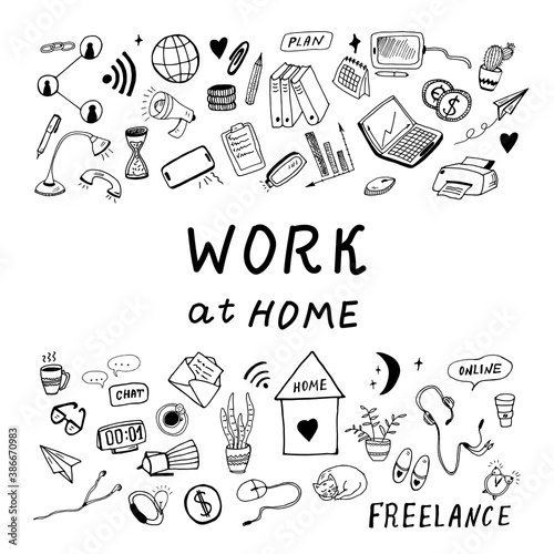 Set of doodls work at home. Work at home concept. Set of drawings black and white. Flexible, home bases, part time job. Doodle illustration for web banners, hero images, printed materials.