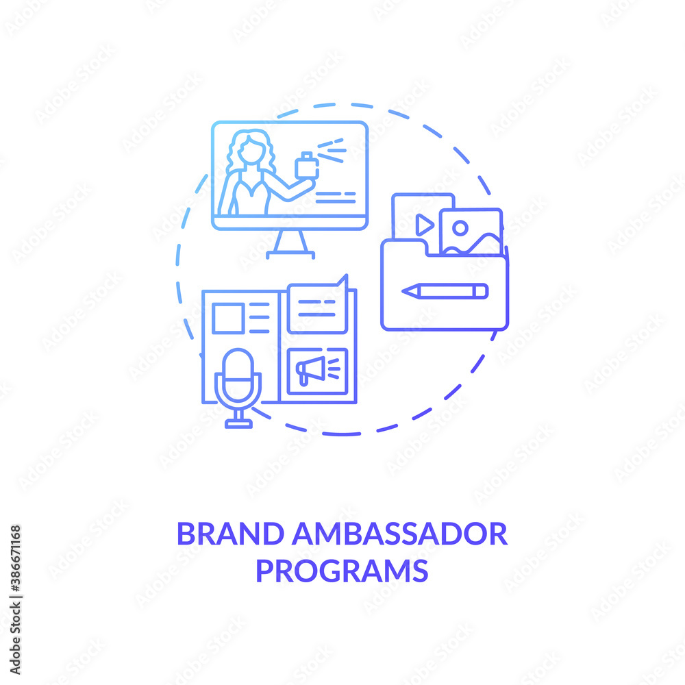 Brand ambassador programs concept icon. Influencer marketing agency service idea thin line illustration. Product and brand representation. Advertising tool. Vector isolated outline RGB color drawing Brand ambassador programs concept icon. Influencer marketing agency service idea thin line illustration. Product and brand representation. Advertising tool. Vector isolated outline RGB color drawing