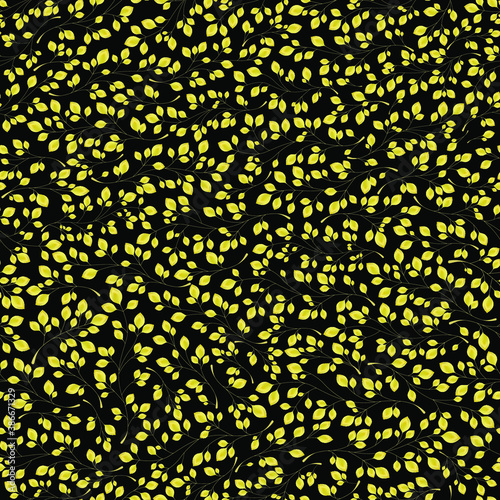 Branches with yellow leaves on a black background. Seamless Vector illustration. Stylish background with graphic leaves. Use for wallpaper, web design, surface textures, textile prints, wrapping, etc.