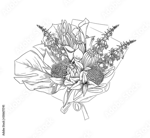 Floral arrangement, hand drawn sketch, vector illustration. 