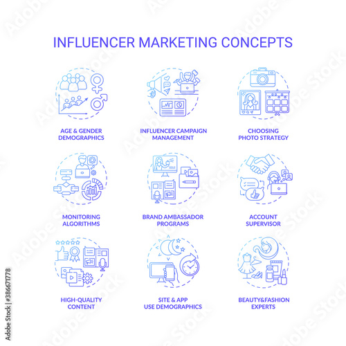 Influencer marketing concept icons set. Campaign management idea thin line RGB color illustrations. High-quality content. Monitoring algorithm. Account supervisor. Vector isolated outline drawings