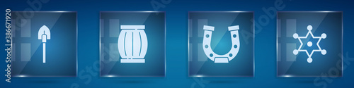 Set Shovel, Gun powder barrel, Horseshoe and Hexagram sheriff. Square glass panels. Vector.