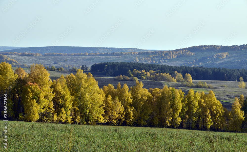 Forests and fields of the Sylva river valley in autumn decoration. In the foothills of the Western Urals, golden autumn.