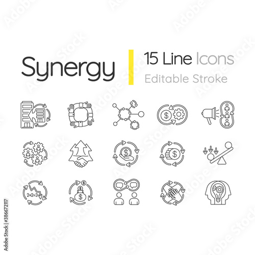 Synergy linear icons set. Business project. Financial operation. Interpersonal relationship. Customizable thin line contour symbols. Isolated vector outline illustrations. Editable stroke