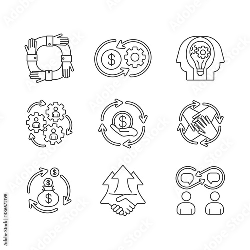 Business linear icons set. Financial synergy. Community collaboration. Creative cooperation. Customizable thin line contour symbols. Isolated vector outline illustrations. Editable stroke