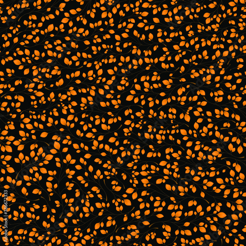 Branches with orange leaves on a black background. Seamless Vector illustration. Stylish background with graphic leaves. Use for wallpaper, web design, surface textures, textile prints, wrapping, etc.