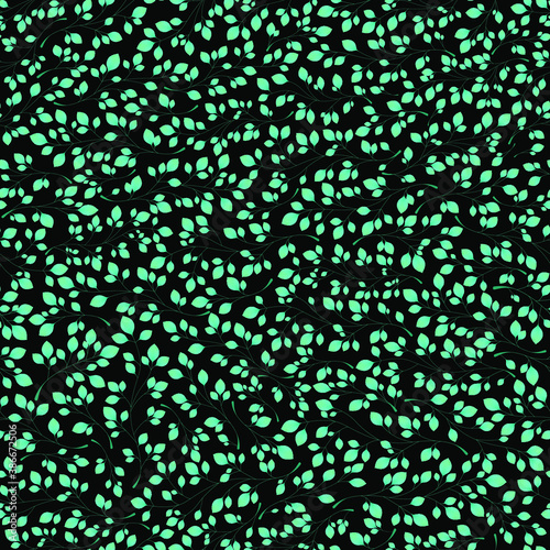 Branches with green leaves on a black background. Seamless Vector illustration. Stylish background with graphic leaves. Use for wallpaper, web design, surface textures, textile prints, wrapping, etc.